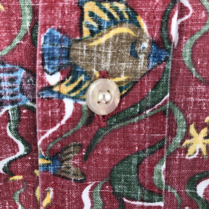 90'S Reyn Spooner Swimsuit Bikini Tag All-over Fish Print Button-down Aloha Shirt Box Shirt Made in USA Men's Size M cotton red type Vintage Second Hand