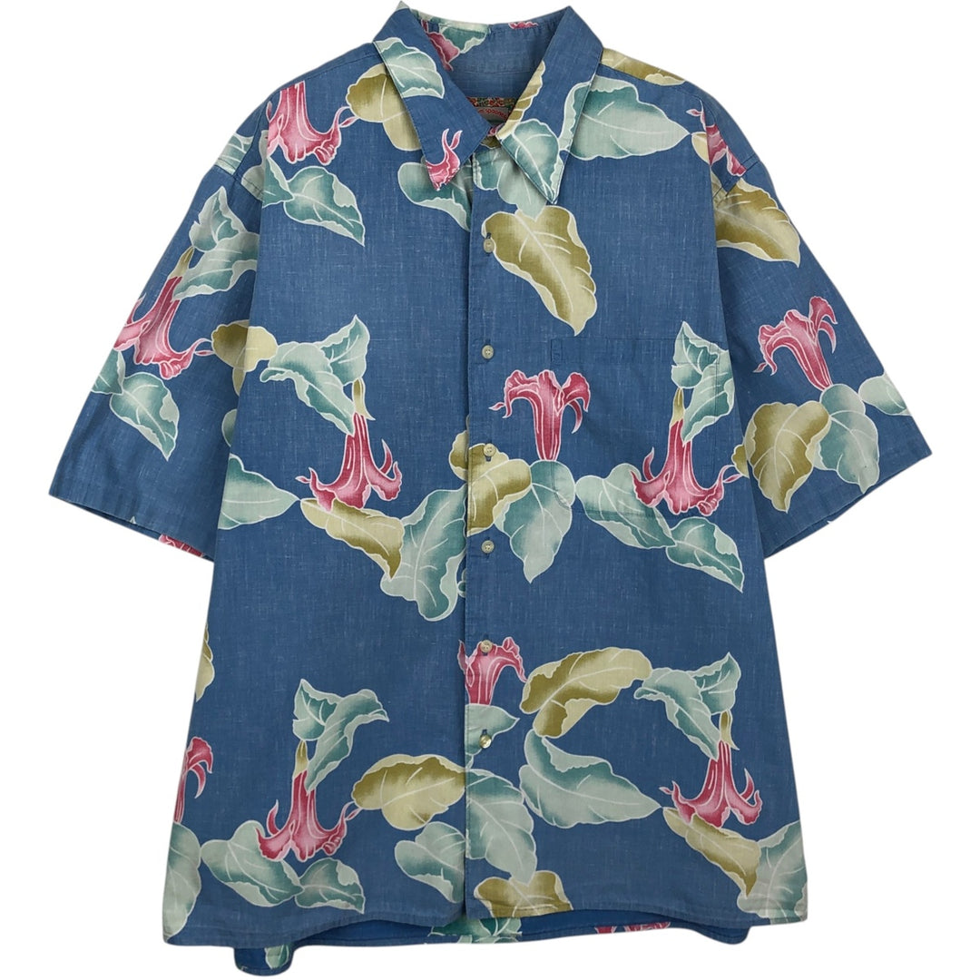 90'S Reyn Spooner Commemorative Classics all-over botanical pattern Hawaiian Aloha shirt, boxy style, men's size L (approx.) cotton blue type Vintage Second Hand