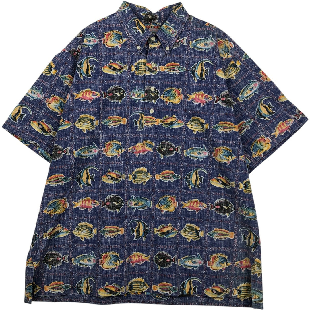 90'S Reyn Spooner Commemorative Classics all-over fish print button-down Hawaiian Aloha shirt, made in Hawaii, men's XL. cotton purple type Vintage Second Hand