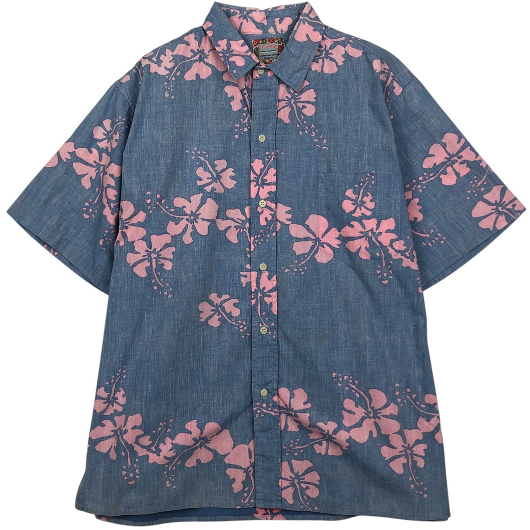 90'S Reyn Spooner Commemorative Classics Hibiscus Pattern Hawaiian Aloha Shirt, Made in Hawaii, Men's Size L cotton navy blue type Vintage Second Hand