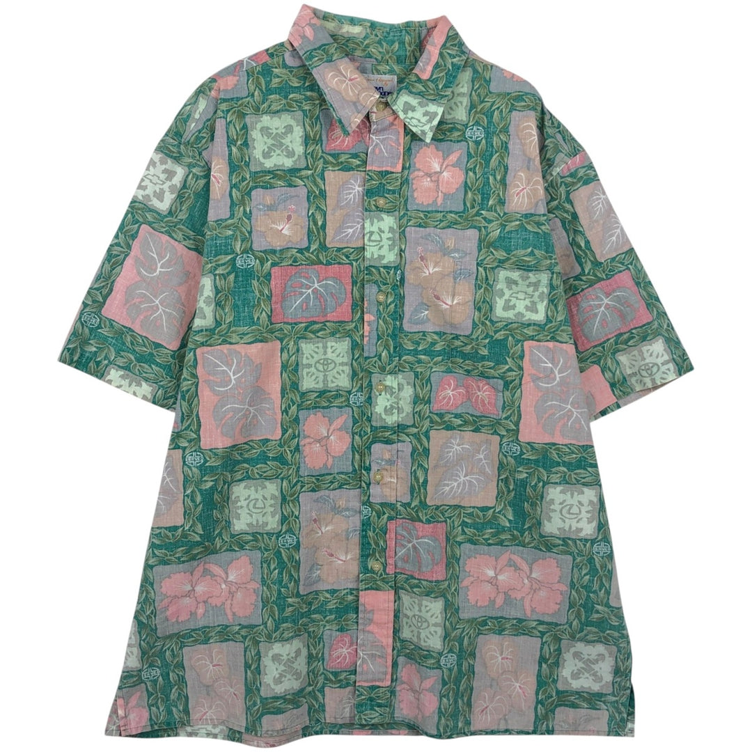 90'S Reyn Spooner swimwear tag, bikini tag, hibiscus pattern, leaf pattern, aloha shirt, boxy shirt, men's size XL. cotton green type Vintage Second Hand
