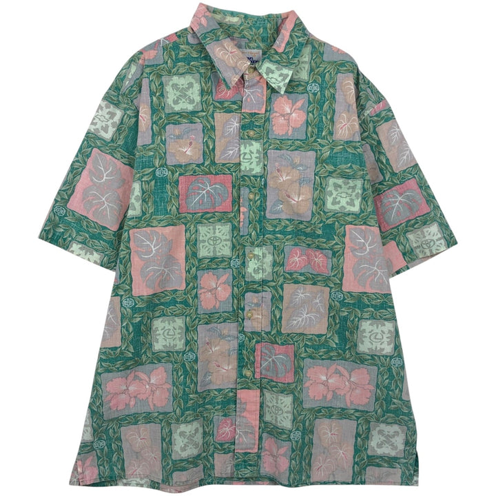 90'S Reyn Spooner swimwear tag, bikini tag, hibiscus pattern, leaf pattern, aloha shirt, boxy shirt, men's size XL. cotton green type Vintage Second Hand