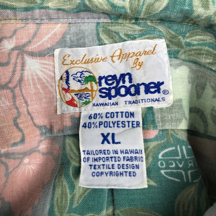 90'S Reyn Spooner swimwear tag, bikini tag, hibiscus pattern, leaf pattern, aloha shirt, boxy shirt, men's size XL. cotton green type Vintage Second Hand