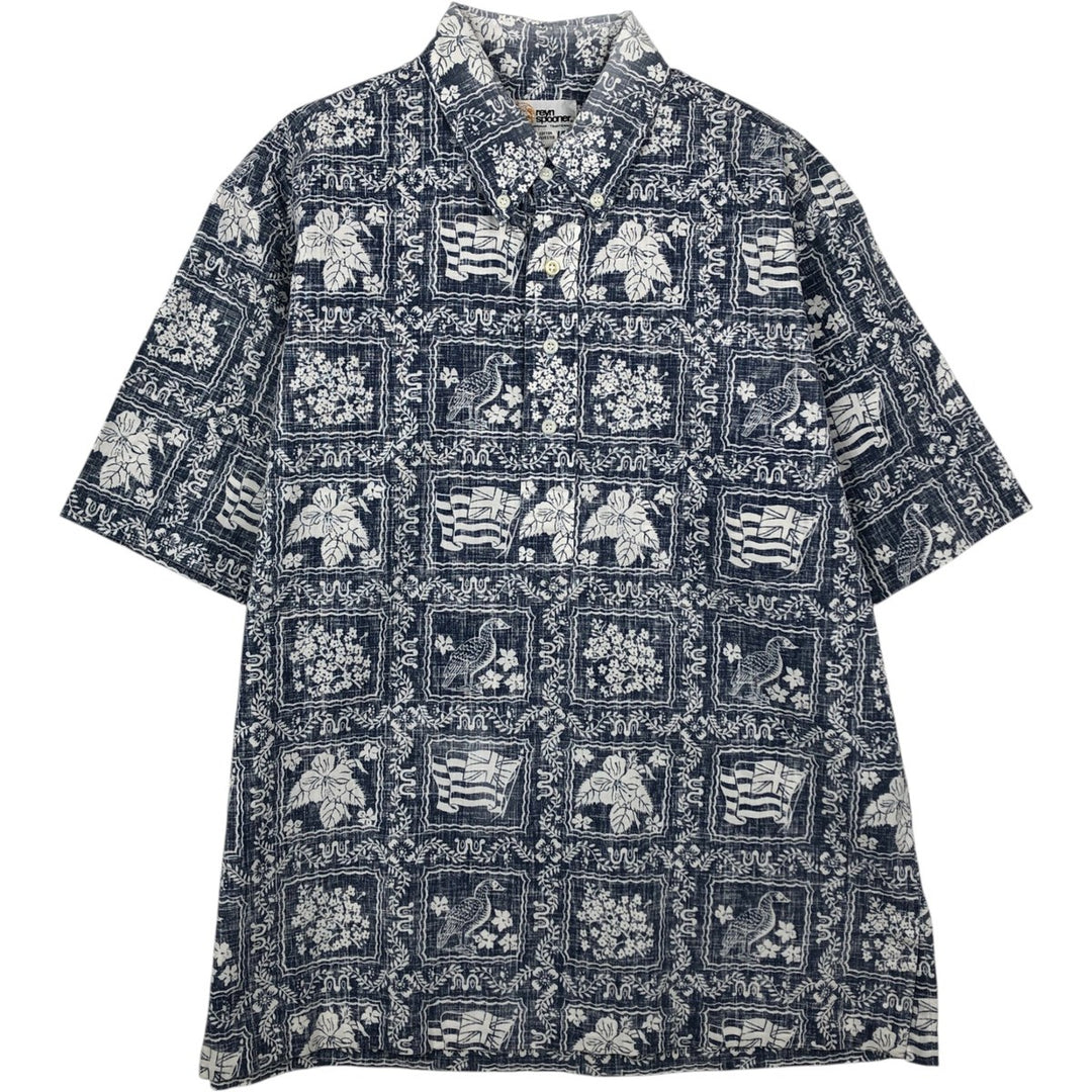 80'S Reyn Spooner Gold Tag Nude Tag All-over Print Lahaina Sailor Button-Down Aloha Shirt Boxy Shirt cotton navy blue type Vintage Second Hand