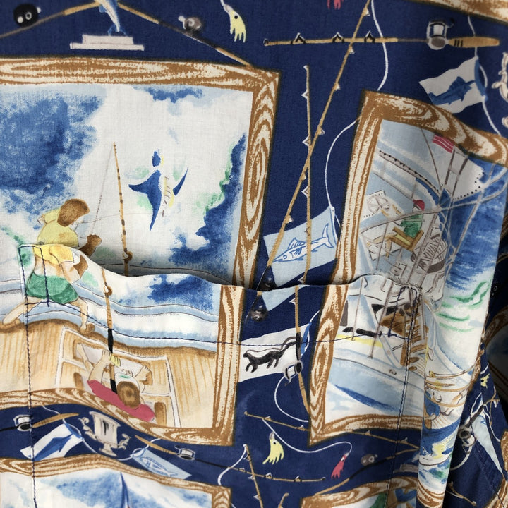 80s-90'S Reyn Spooner Diamond Head Tag All-Over Print Aloha Shirt, Boxy Shirt, Men's XXL Equivalent, Vintage cotton blue type Vintage Second Hand