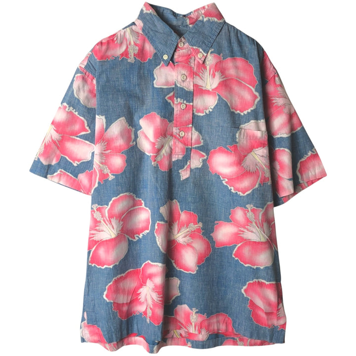 80'S Reyn Spooner Gold Tag Hibiscus Pattern Pullover Button-Down Hawaiian Aloha Shirt Boxy Shirt cotton navy blue type Vintage Second Hand