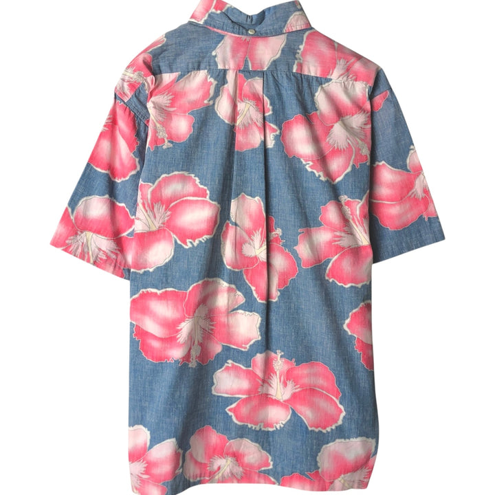 80'S Reyn Spooner Gold Tag Hibiscus Pattern Pullover Button-Down Hawaiian Aloha Shirt Boxy Shirt cotton navy blue type Vintage Second Hand