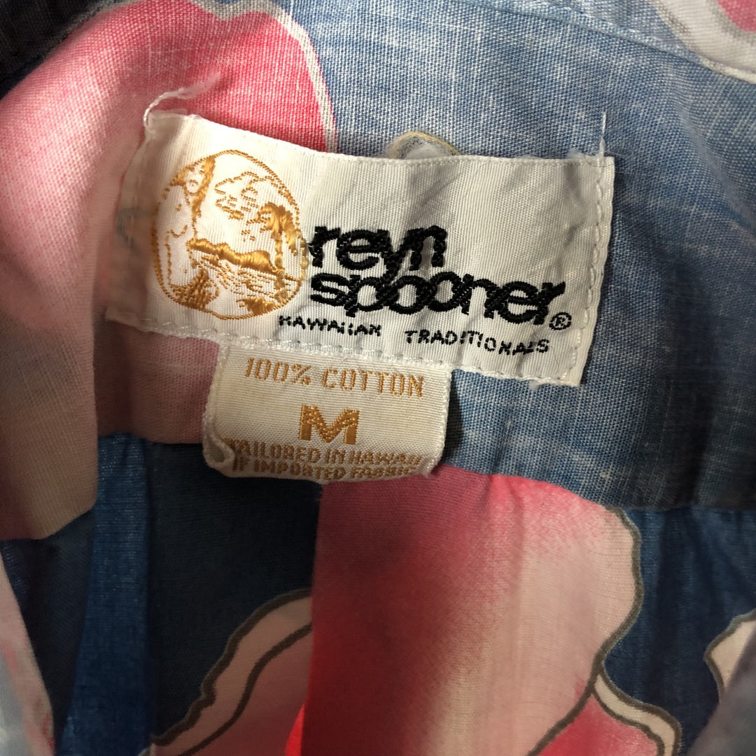 80'S Reyn Spooner Gold Tag Hibiscus Pattern Pullover Button-Down Hawaiian Aloha Shirt Boxy Shirt cotton navy blue type Vintage Second Hand