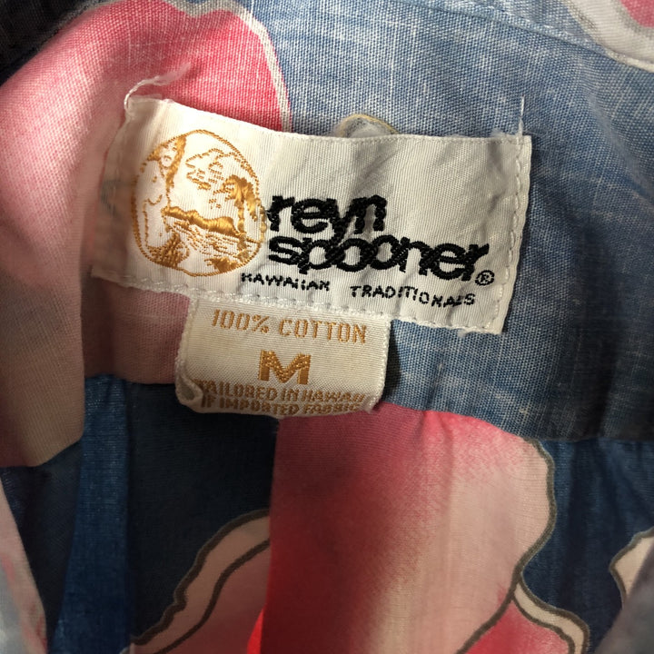 80'S Reyn Spooner Gold Tag Hibiscus Pattern Pullover Button-Down Hawaiian Aloha Shirt Boxy Shirt cotton navy blue type Vintage Second Hand