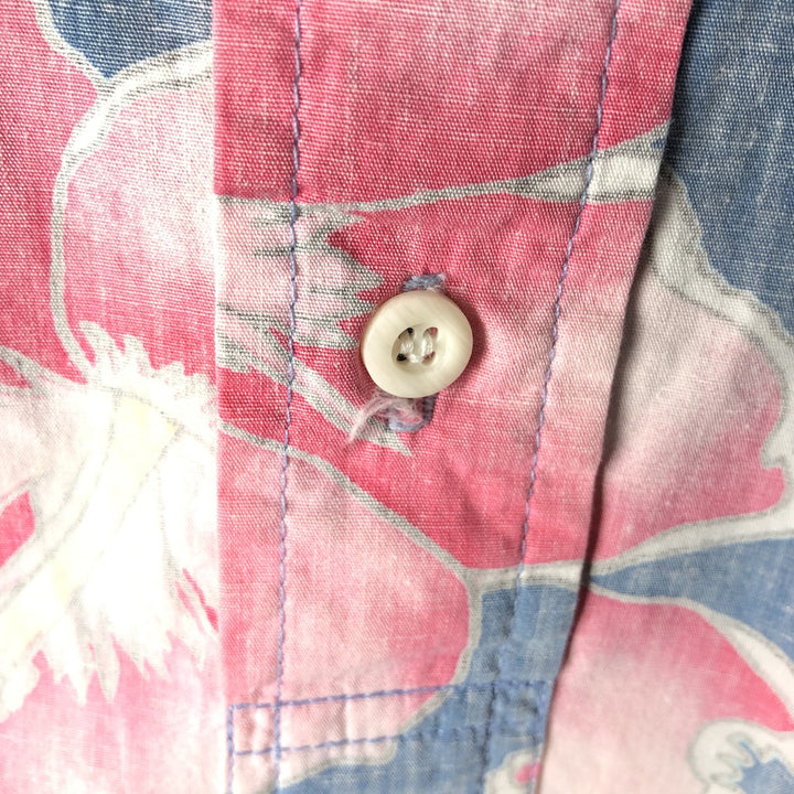 80'S Reyn Spooner Gold Tag Hibiscus Pattern Pullover Button-Down Hawaiian Aloha Shirt Boxy Shirt cotton navy blue type Vintage Second Hand