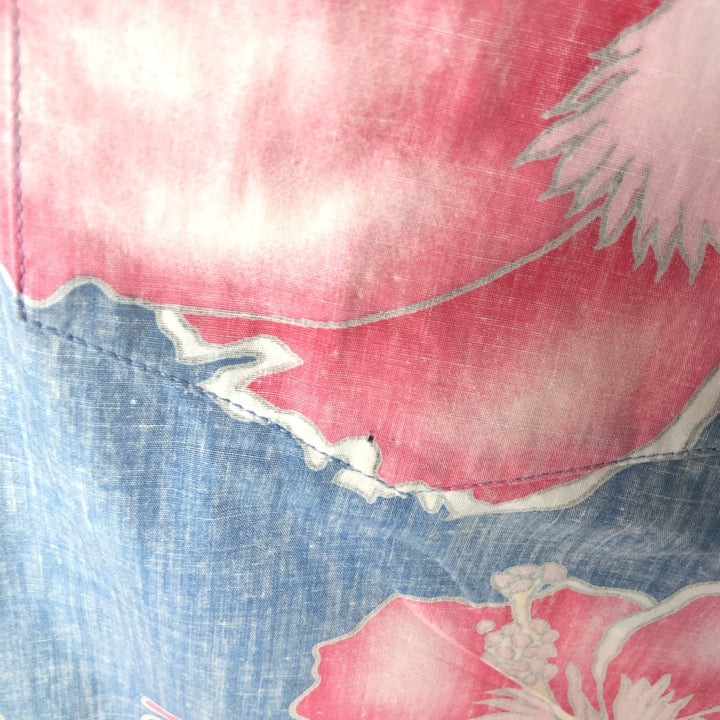 80'S Reyn Spooner Gold Tag Hibiscus Pattern Pullover Button-Down Hawaiian Aloha Shirt Boxy Shirt cotton navy blue type Vintage Second Hand