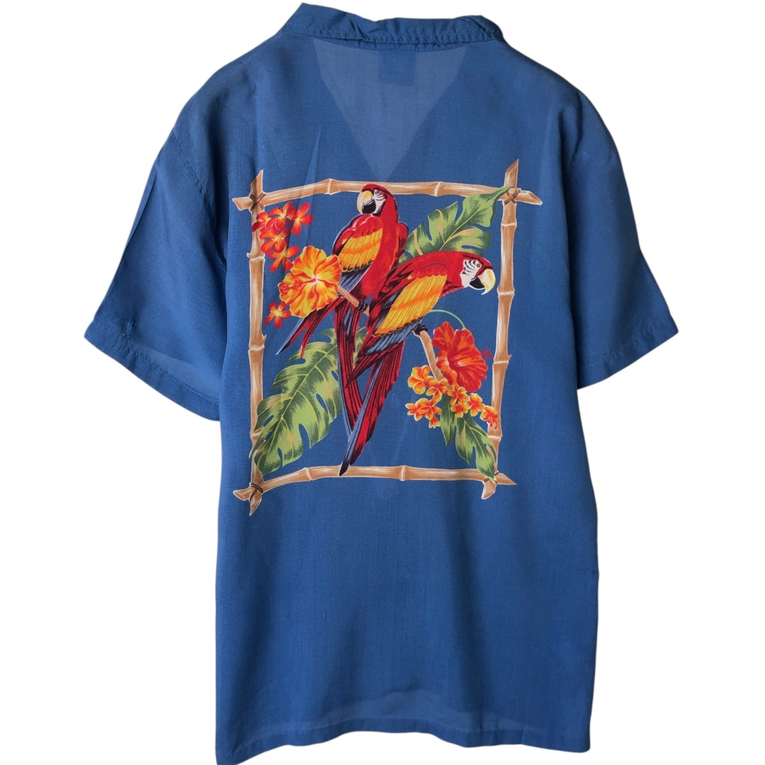 70'S Ocean Pacific surf tag parrot pattern back panel open collar aloha shirt box shirt unclear blue type Vintage Second Hand