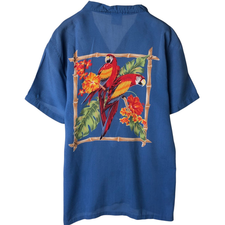 70'S Ocean Pacific surf tag parrot pattern back panel open collar aloha shirt box shirt unclear blue type Vintage Second Hand