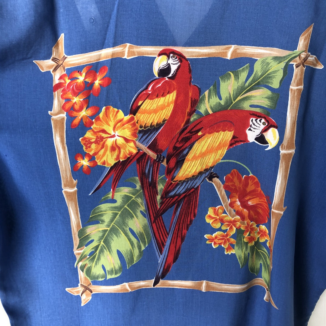 70'S Ocean Pacific surf tag parrot pattern back panel open collar aloha shirt box shirt unclear blue type Vintage Second Hand