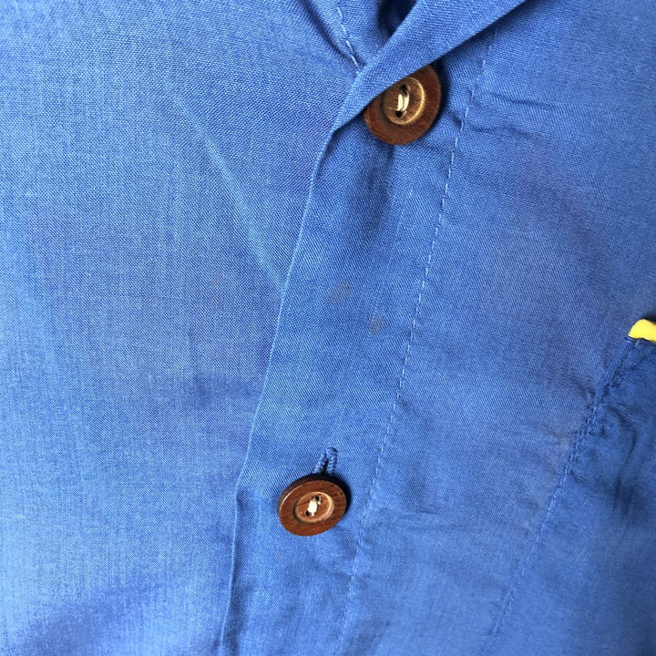 70'S Ocean Pacific surf tag parrot pattern back panel open collar aloha shirt box shirt unclear blue type Vintage Second Hand