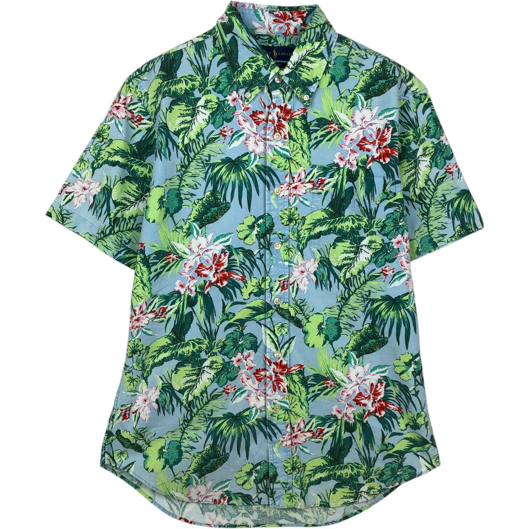 Ralph Lauren Slim Fit All-Over Print Hibiscus and Leaf Pattern Button-Down Hawaiian Aloha Shirt, Men's Size M (approx.) cotton Blue type light blue Vintage Second Hand