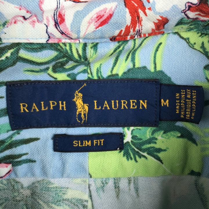 Ralph Lauren Slim Fit All-Over Print Hibiscus and Leaf Pattern Button-Down Hawaiian Aloha Shirt, Men's Size M (approx.) cotton Blue type light blue Vintage Second Hand