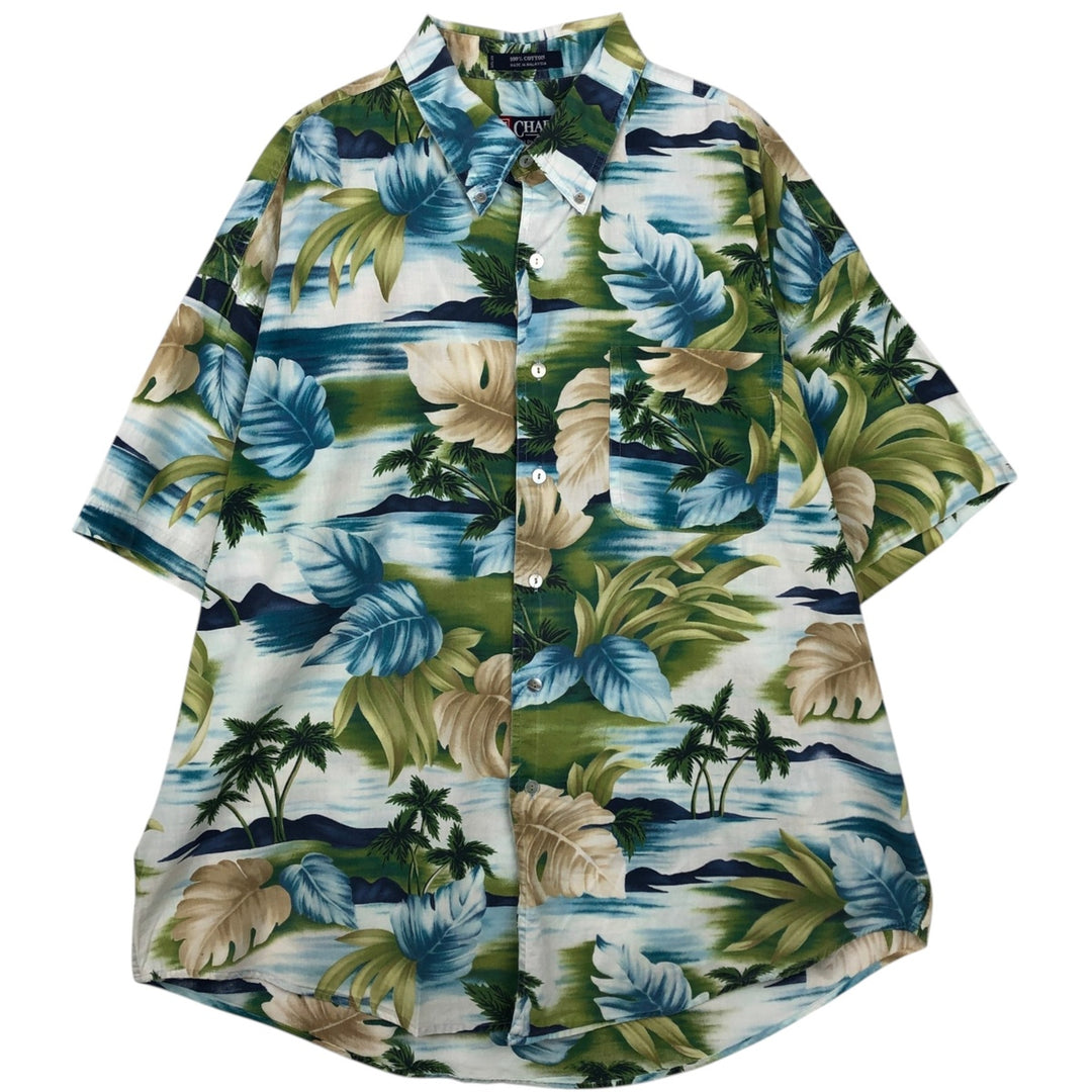Ralph Lauren CHAPS Hawaiian Aloha Shirt, Men's Size XL, All-over Leaf Pattern (Palm Tree Print), Button-Down Style. cotton Blue type light blue Vintage Second Hand