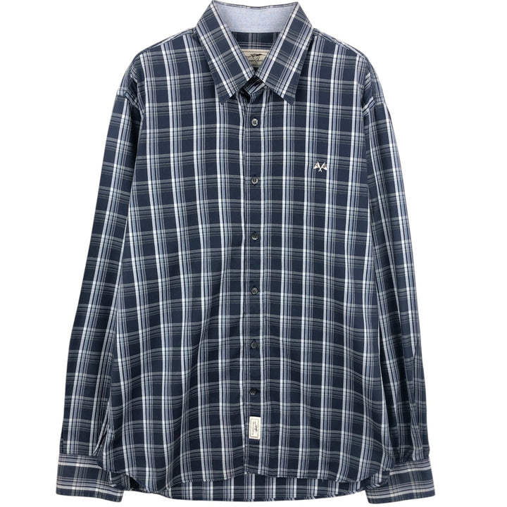 Burberry's Thomas Burberry Long-Sleeve Cotton Check Shirt, Men's Size XL (approx.) cotton navy blue type Vintage Second Hand