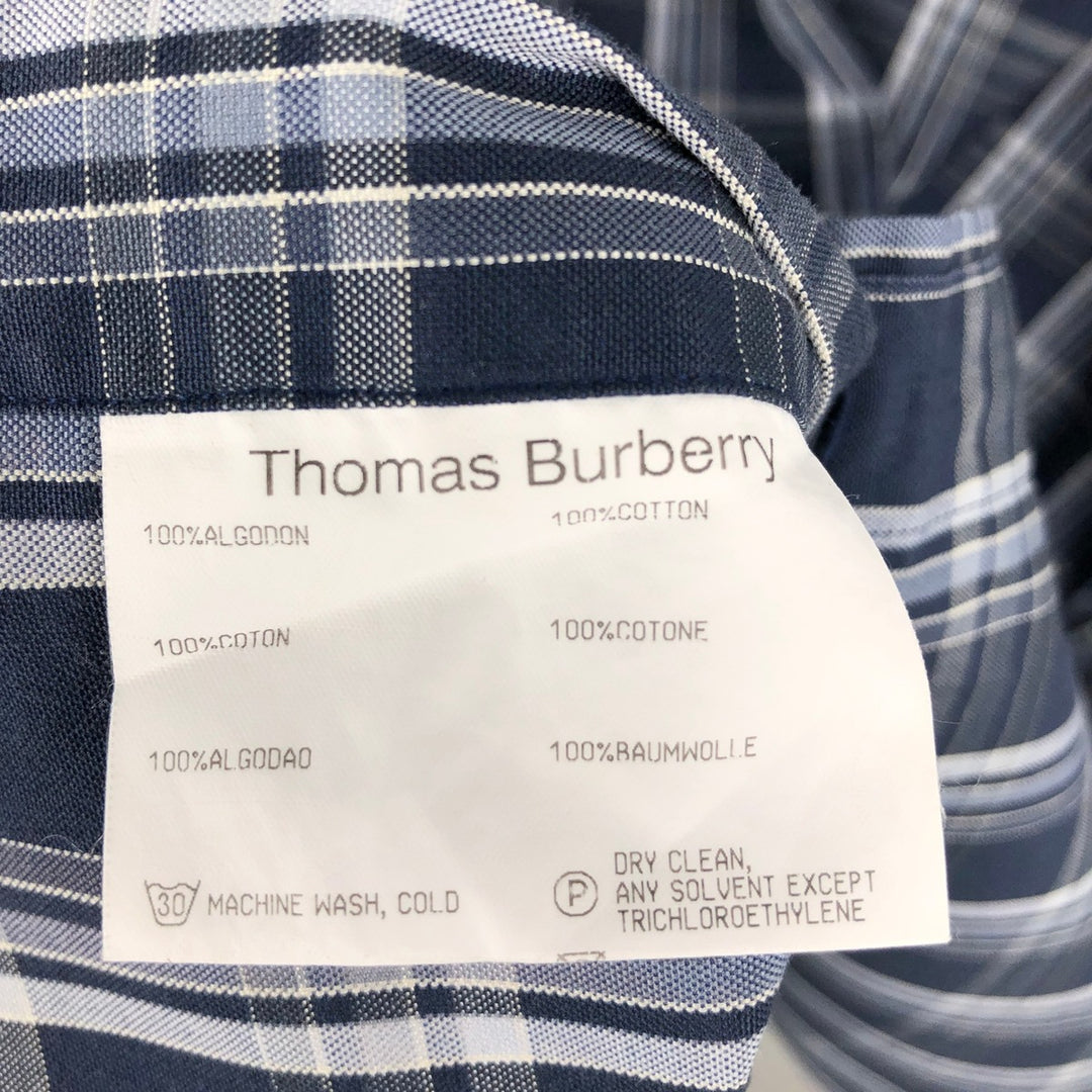 Burberry's Thomas Burberry Long-Sleeve Cotton Check Shirt, Men's Size XL (approx.) cotton navy blue type Vintage Second Hand