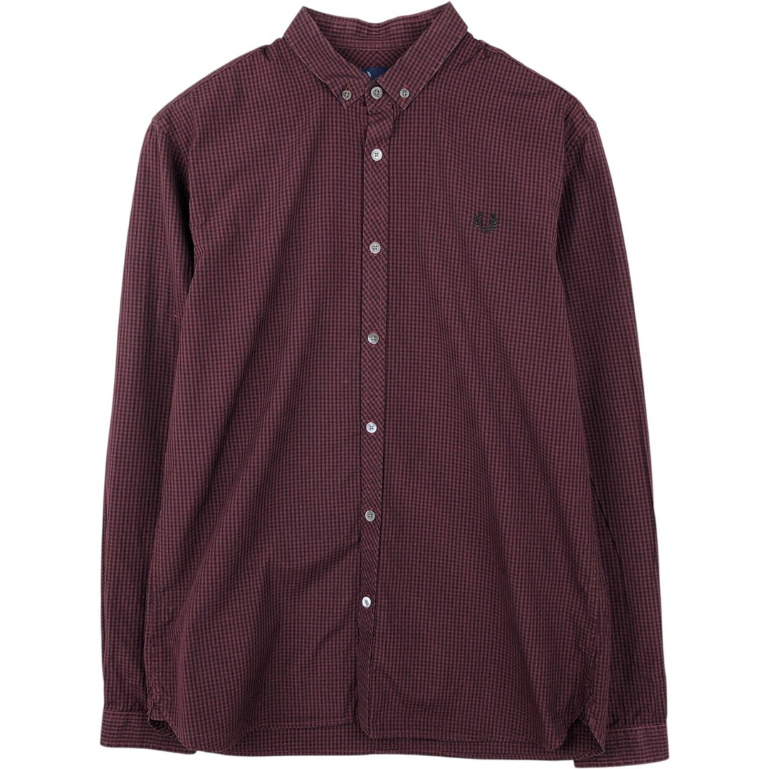 Fred Perry Slim Fit Long-Sleeve Button-Down Check Shirt, Men's Size M (approx.) cotton burgundy type Vintage Second Hand