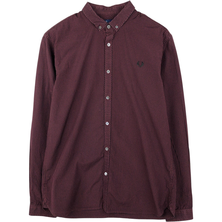 Fred Perry Slim Fit Long-Sleeve Button-Down Check Shirt, Men's Size M (approx.) cotton burgundy type Vintage Second Hand