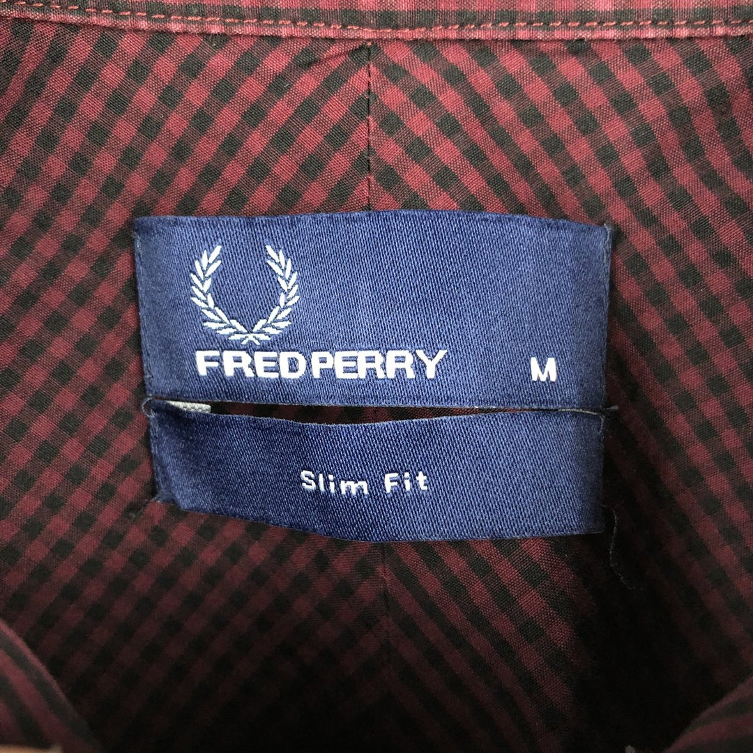 Fred Perry Slim Fit Long-Sleeve Button-Down Check Shirt, Men's Size M (approx.) cotton burgundy type Vintage Second Hand