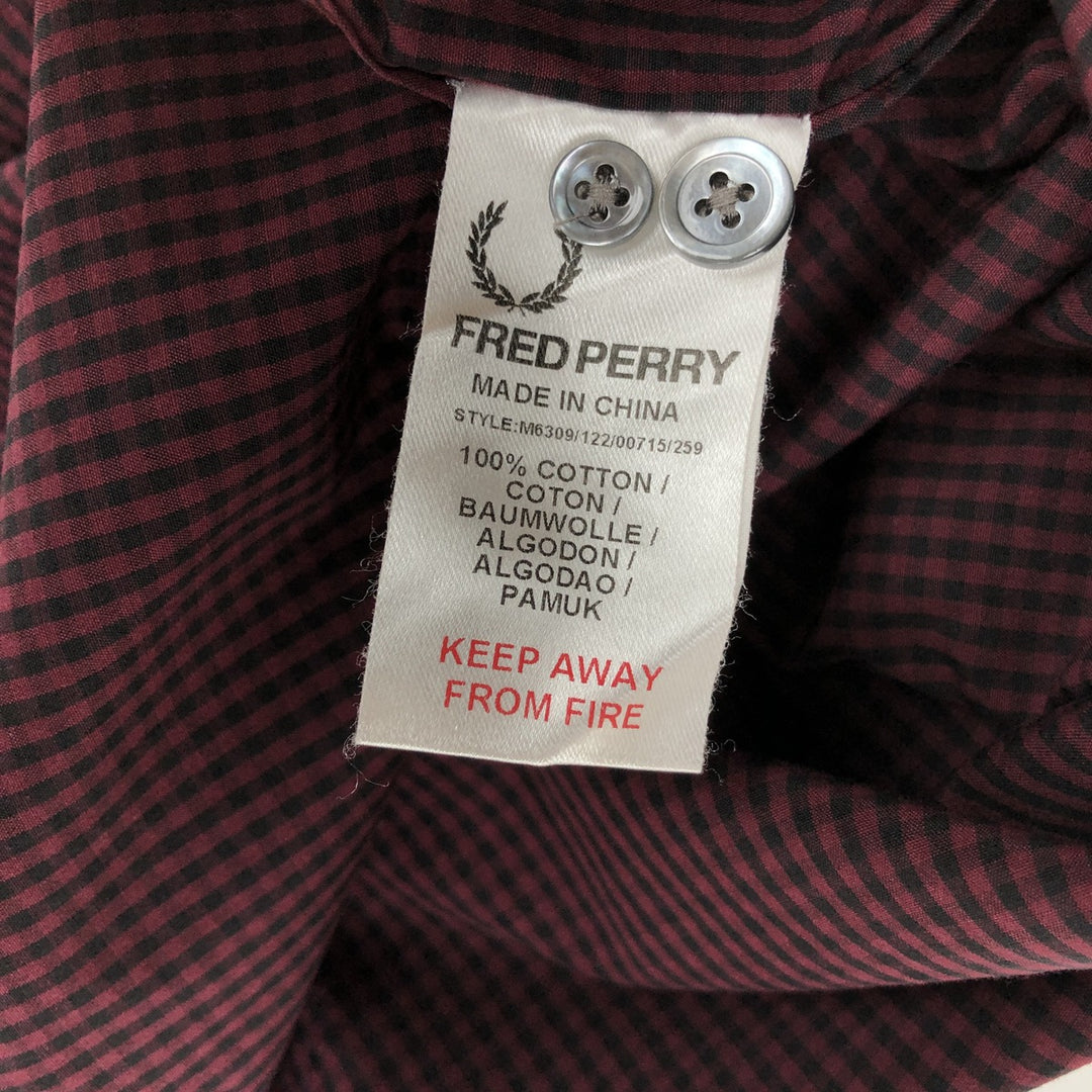 Fred Perry Slim Fit Long-Sleeve Button-Down Check Shirt, Men's Size M (approx.) cotton burgundy type Vintage Second Hand