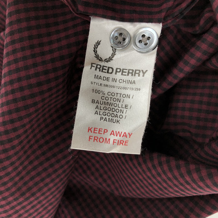 Fred Perry Slim Fit Long-Sleeve Button-Down Check Shirt, Men's Size M (approx.) cotton burgundy type Vintage Second Hand