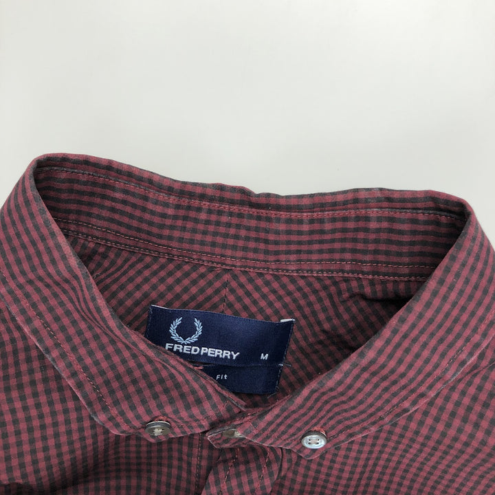Fred Perry Slim Fit Long-Sleeve Button-Down Check Shirt, Men's Size M (approx.) cotton burgundy type Vintage Second Hand