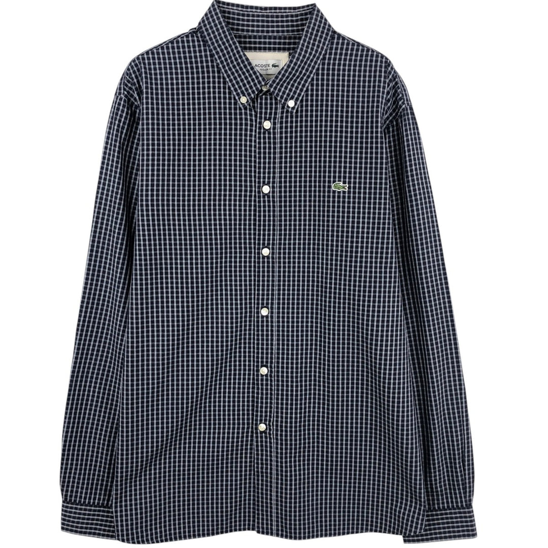 Lacoste long-sleeved button-down check shirt, men's size XL (approx.) cotton navy blue type Vintage Second Hand