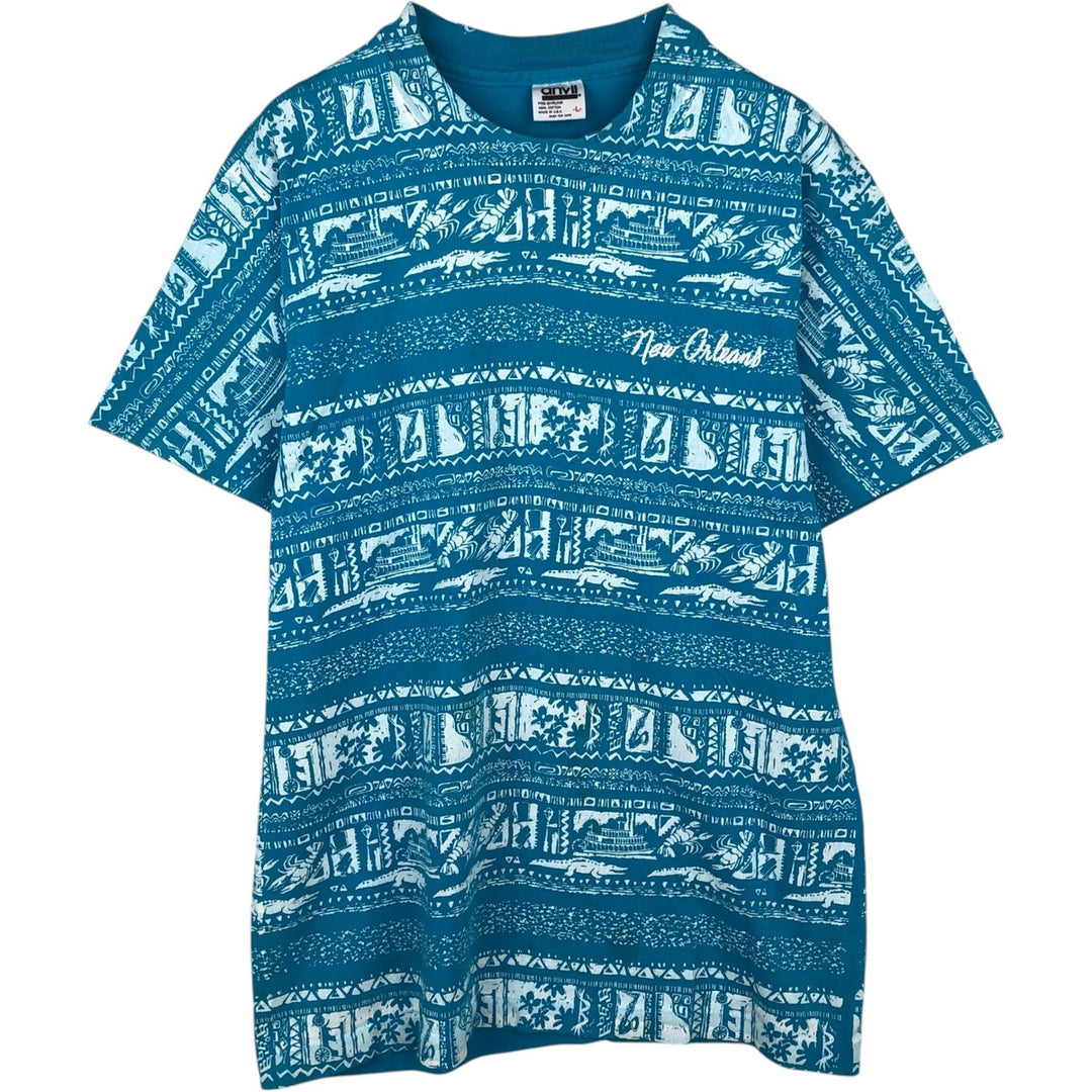 90'S Anvil All-Over Print T-Shirt, Made in USA, Men's Size L (Equivalent), Vintage cotton Blue type light blue Vintage Second Hand