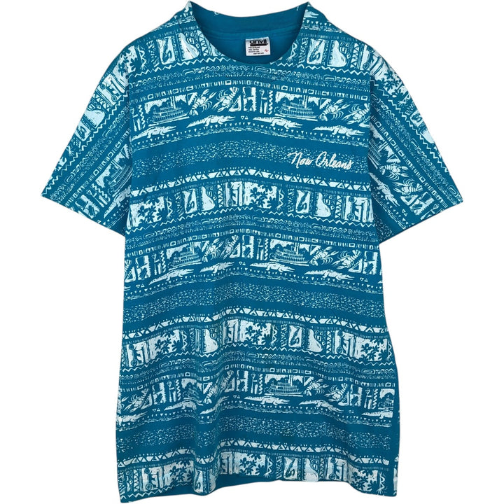 90'S Anvil All-Over Print T-Shirt, Made in USA, Men's Size L (Equivalent), Vintage cotton Blue type light blue Vintage Second Hand