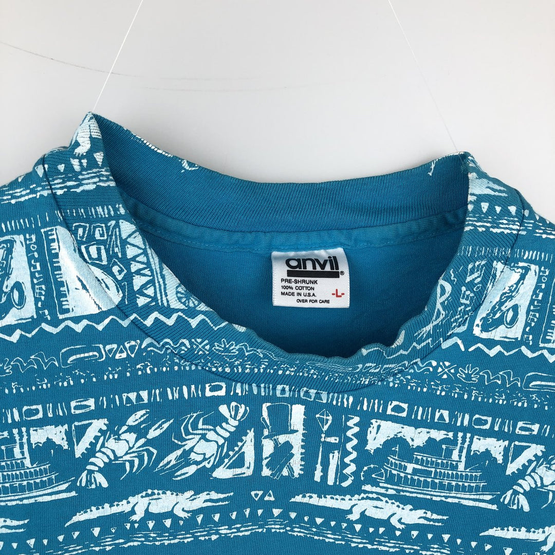90'S Anvil All-Over Print T-Shirt, Made in USA, Men's Size L (Equivalent), Vintage cotton Blue type light blue Vintage Second Hand