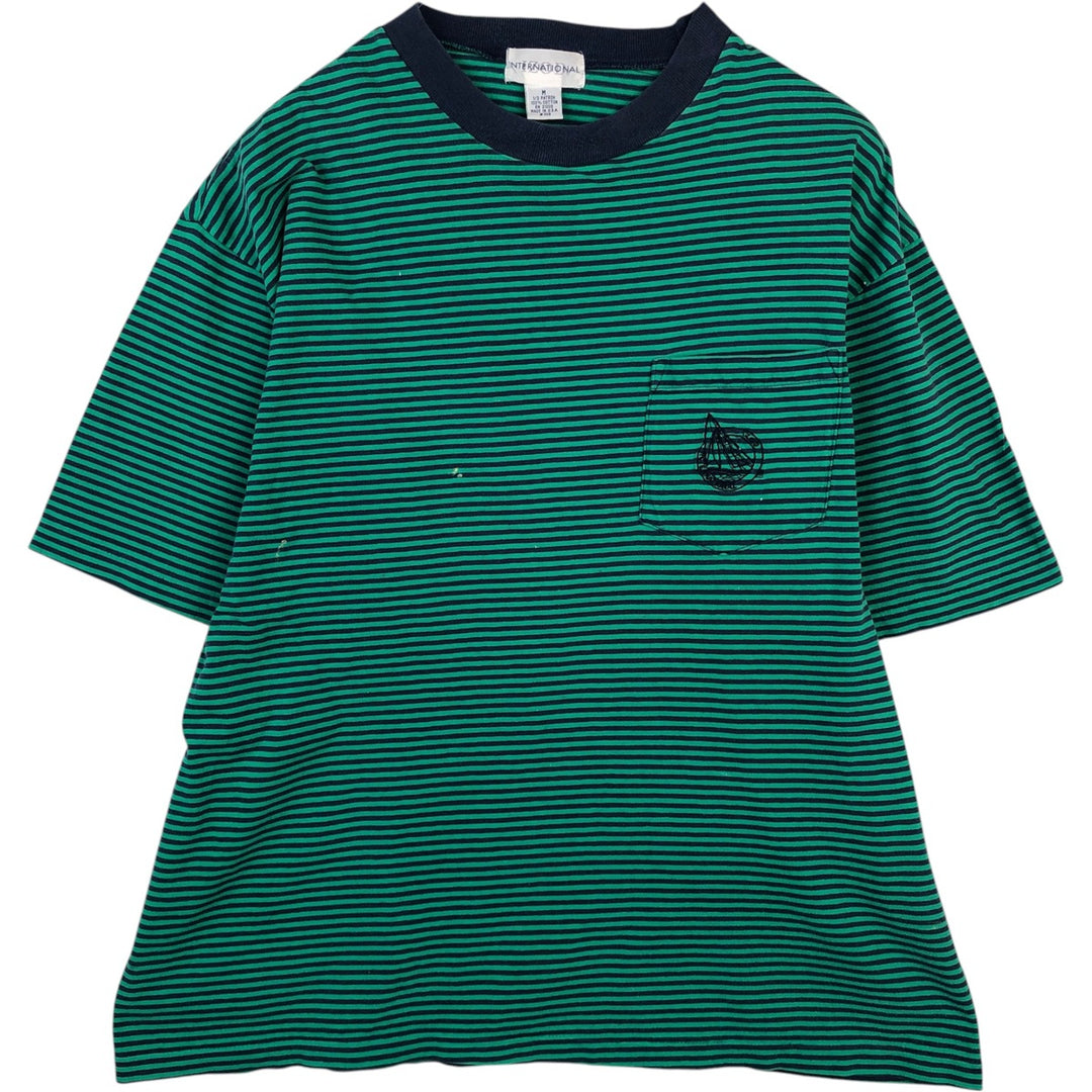 ~90'S IZOD INTERNATIONAL Striped Pocket T-Shirt, Made in USA, Men's Size M (Equivalent), Vintage cotton Emerald green Vintage Second Hand