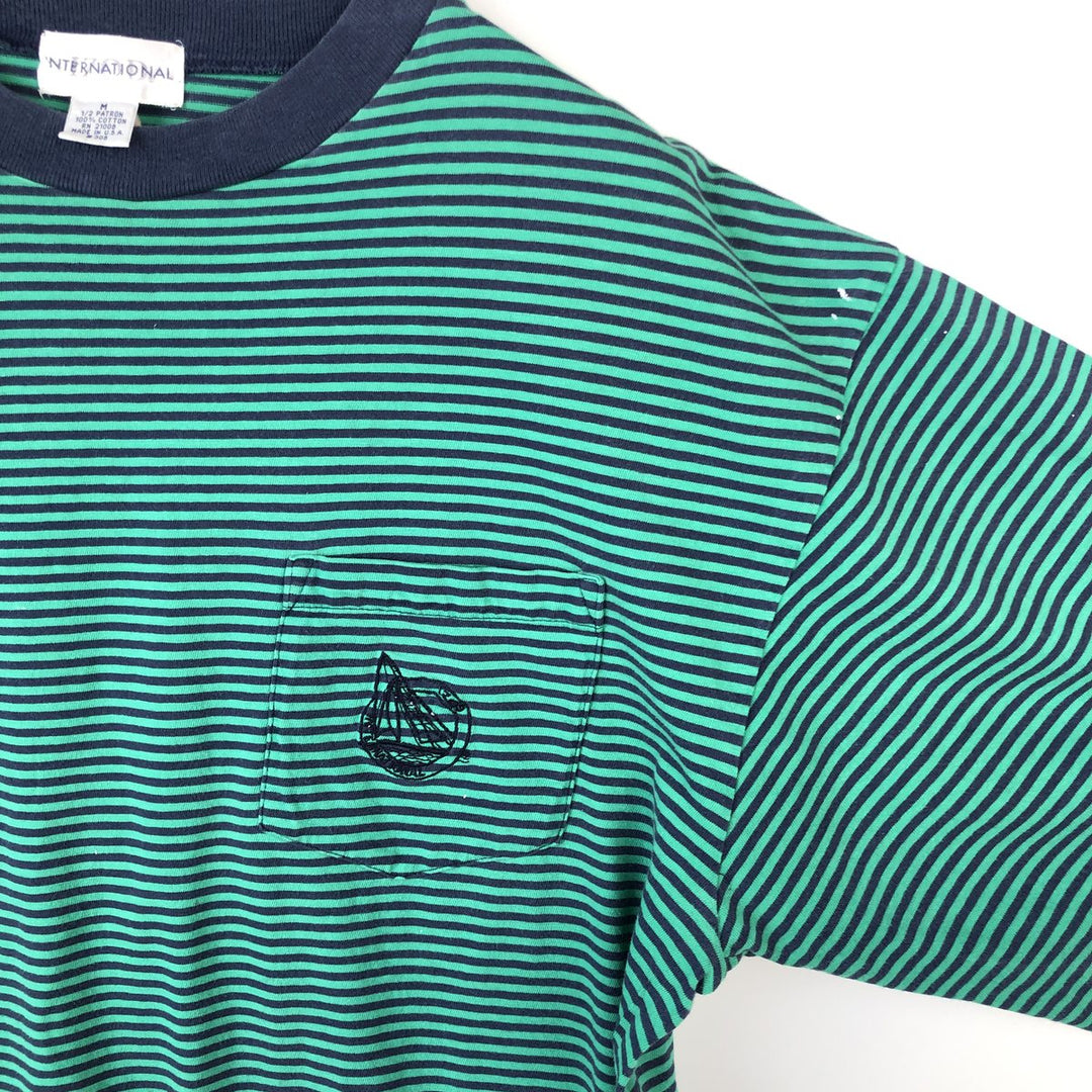 ~90'S IZOD INTERNATIONAL Striped Pocket T-Shirt, Made in USA, Men's Size M (Equivalent), Vintage cotton Emerald green Vintage Second Hand
