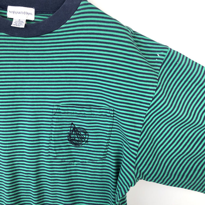 ~90'S IZOD INTERNATIONAL Striped Pocket T-Shirt, Made in USA, Men's Size M (Equivalent), Vintage cotton Emerald green Vintage Second Hand