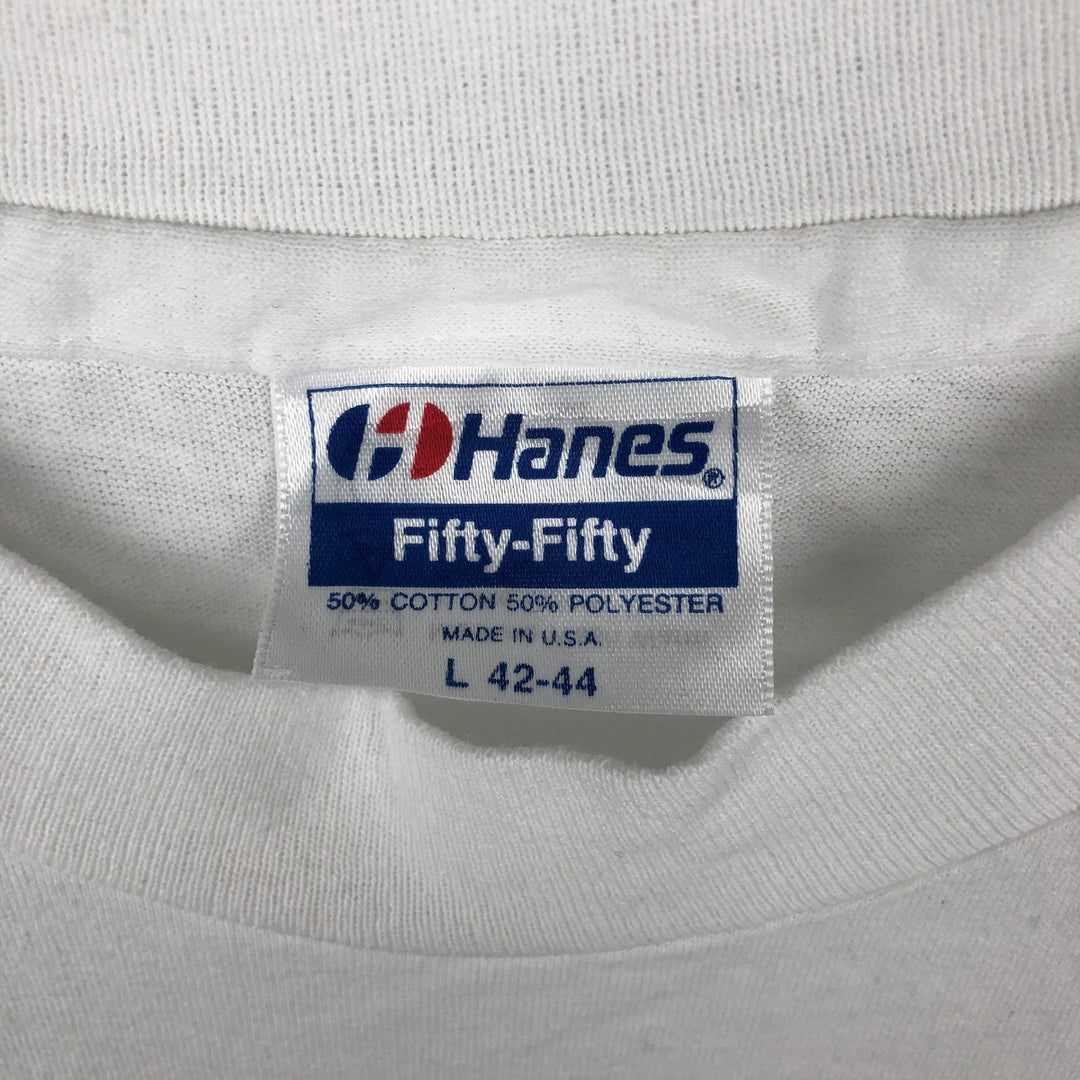 90'S Hanes Fifty-Fifty Blue Tag Message Print T-Shirt Made in USA Men's L Size Vintage cotton white type Vintage Second Hand