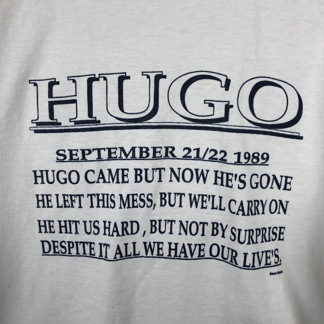 90'S Hanes Fifty-Fifty Blue Tag Message Print T-Shirt Made in USA Men's L Size Vintage cotton white type Vintage Second Hand