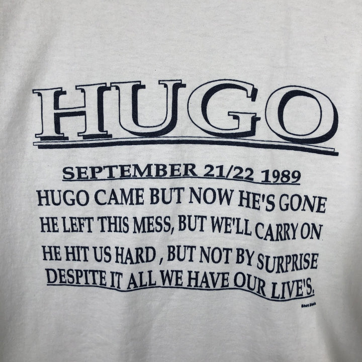 90'S Hanes Fifty-Fifty Blue Tag Message Print T-Shirt Made in USA Men's L Size Vintage cotton white type Vintage Second Hand