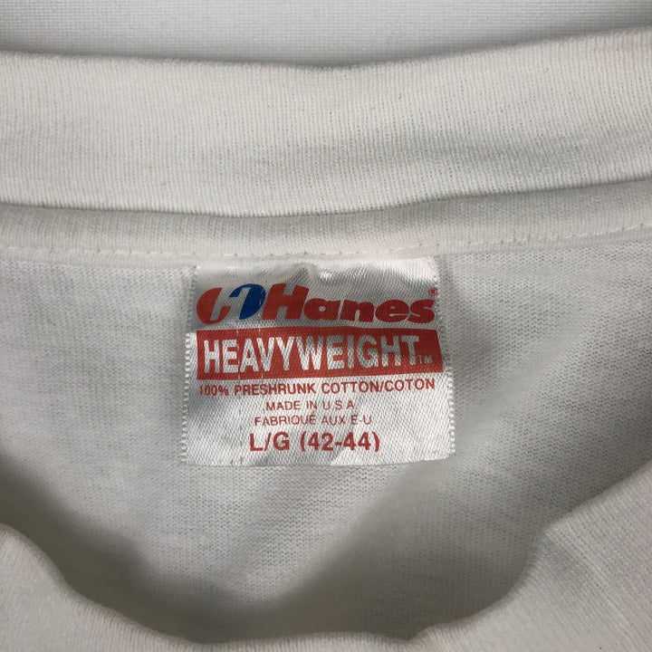 Vintage 90'S Hanes Heavyweight Printed T-shirt, Made in USA, Men's L size cotton white type Vintage Second Hand