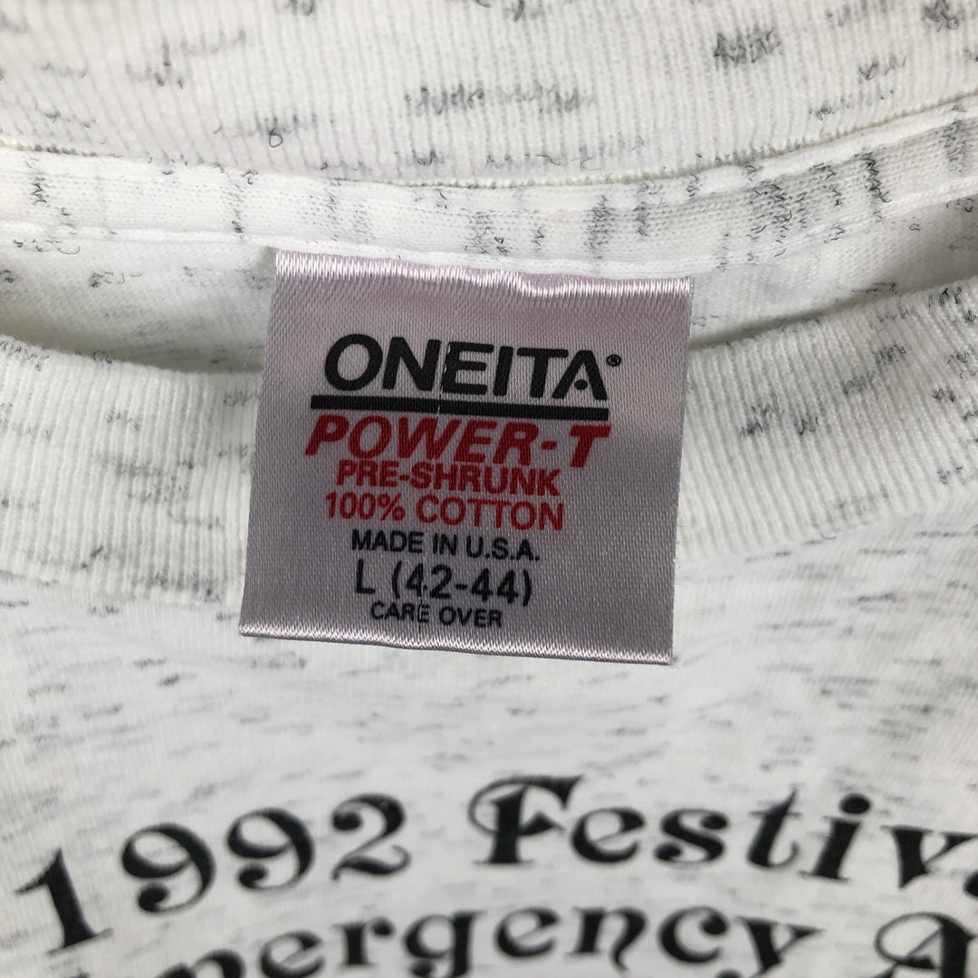 90'S ONEITA POWER-T Printed T-shirt Made in USA Men's L size Vintage cotton white type Vintage Second Hand