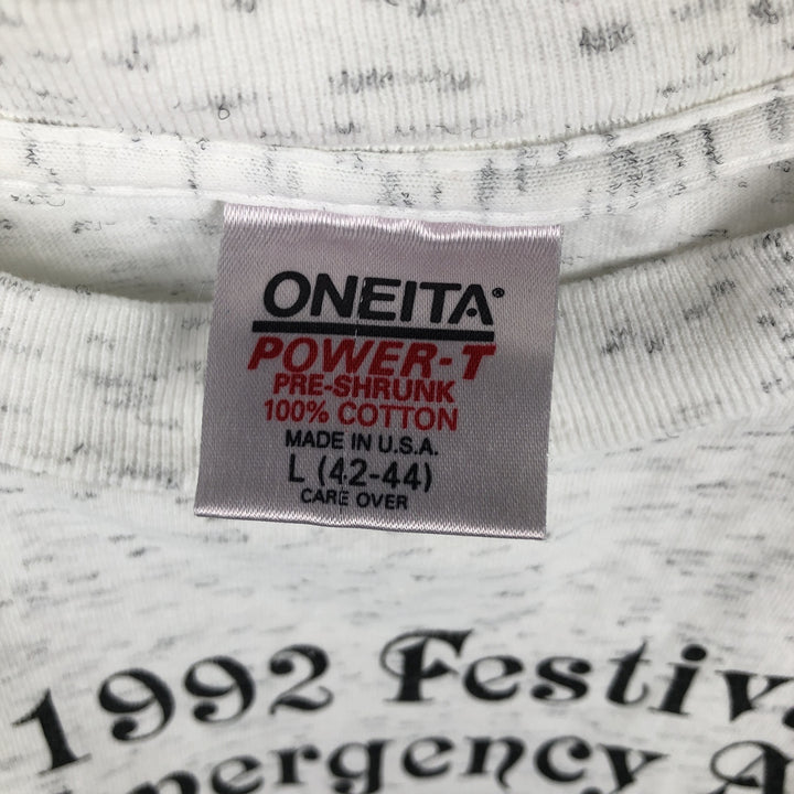 90'S ONEITA POWER-T Printed T-shirt Made in USA Men's L size Vintage cotton white type Vintage Second Hand