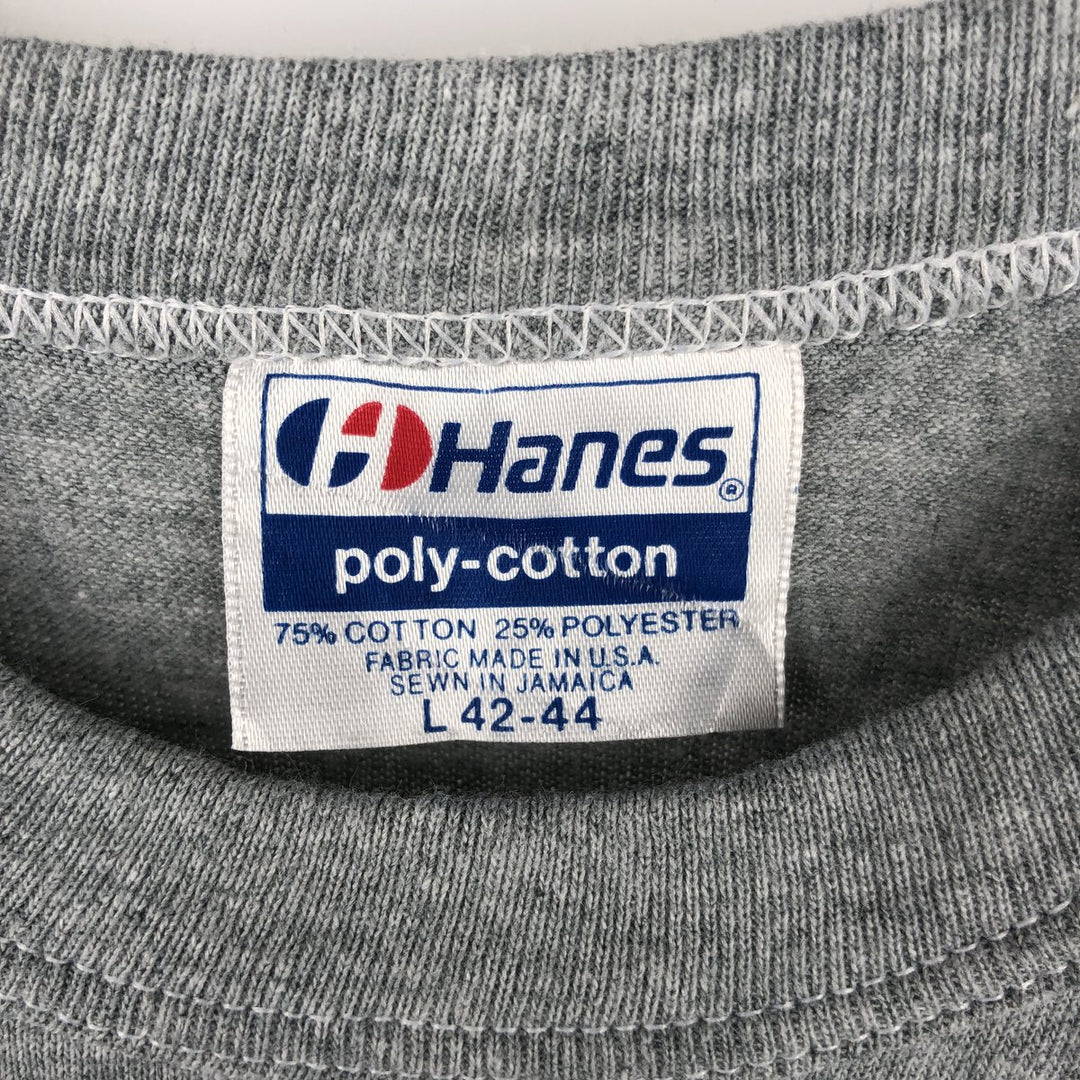80'S Hanes Poly-Cotton Blue Tag Printed T-Shirt, Made in USA, Men's Size L (approx.), Vintage cotton gray type Vintage Second Hand