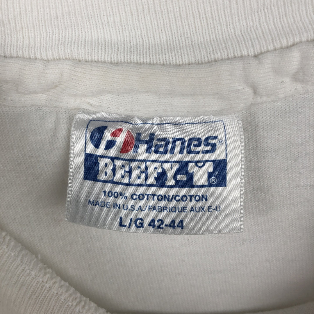 90'S Hanes BEEFY-T Blue Tag Printed T-Shirt Made in USA Men's Size L Vintage cotton white type Vintage Second Hand