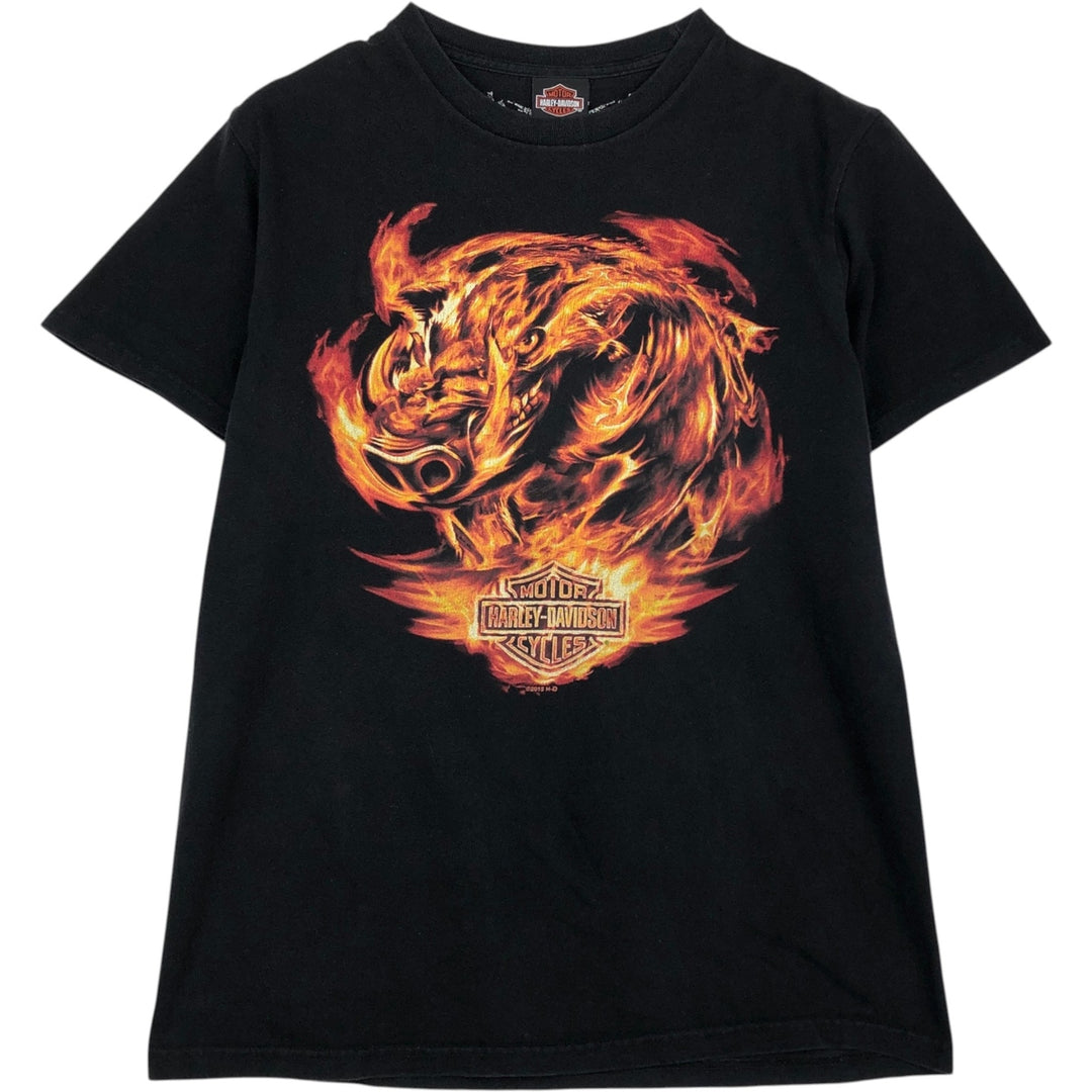 Harley-Davidson Biker Build Wolf Pattern Fire Pattern Motorcycle T-Shirt, Men's Size M (approx.) cotton black type Vintage Second Hand