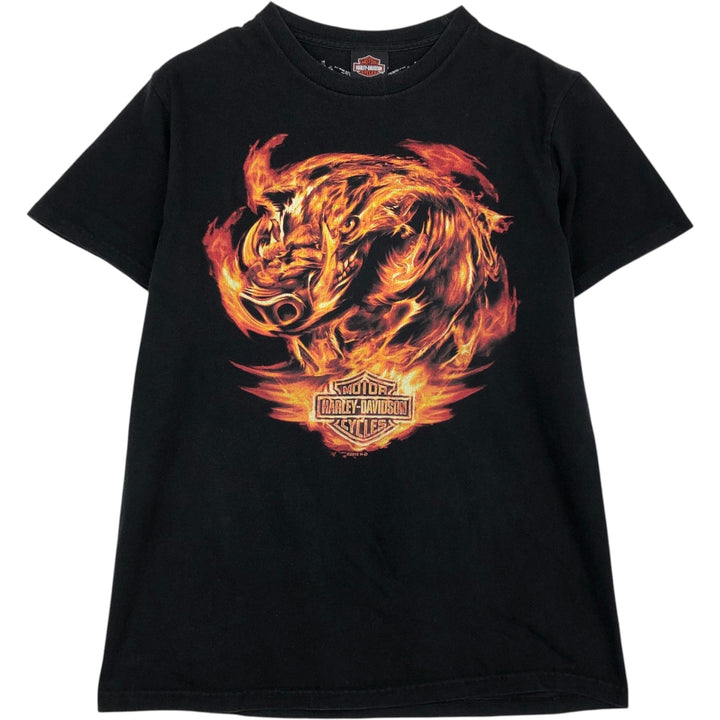 Harley-Davidson Biker Build Wolf Pattern Fire Pattern Motorcycle T-Shirt, Men's Size M (approx.) cotton black type Vintage Second Hand