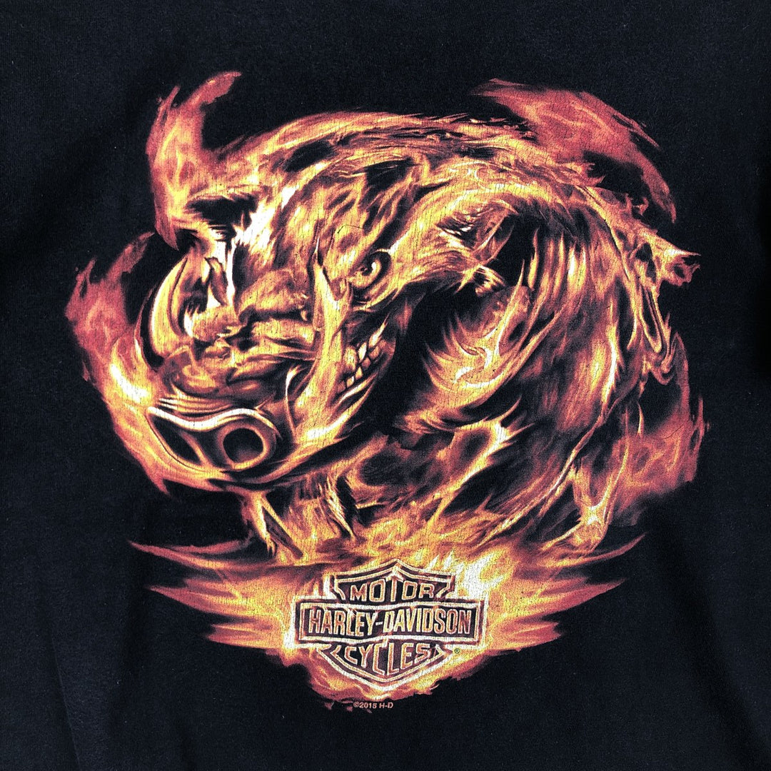 Harley-Davidson Biker Build Wolf Pattern Fire Pattern Motorcycle T-Shirt, Men's Size M (approx.) cotton black type Vintage Second Hand