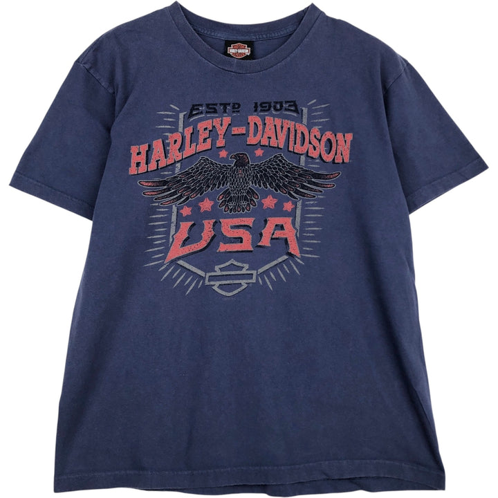Harley-Davidson Eagle Pattern Motorcycle Bike T-shirt Made in USA Men's L size cotton blue type Vintage Second Hand