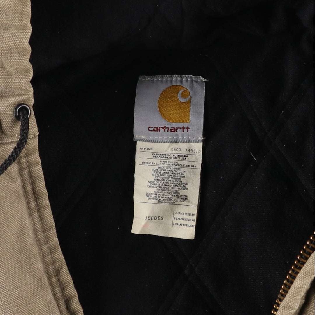 2000'S Carhartt Active Jacket, Padded Duck Full-Zip Hoodie, Made in USA, Men's XL cotton beige type brown Vintage Second Hand